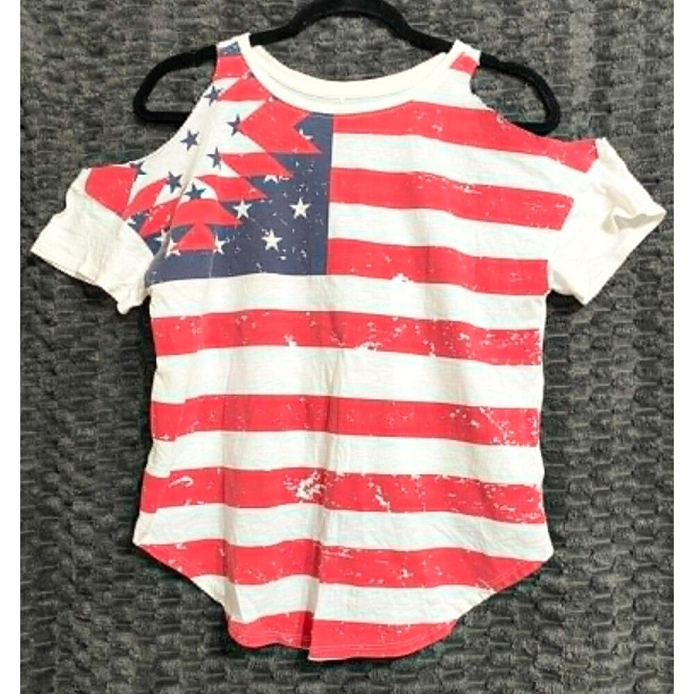 SHYANNE Women’s Small Americana Flag Cold Shoulder Top – 100% Cotton Peru
